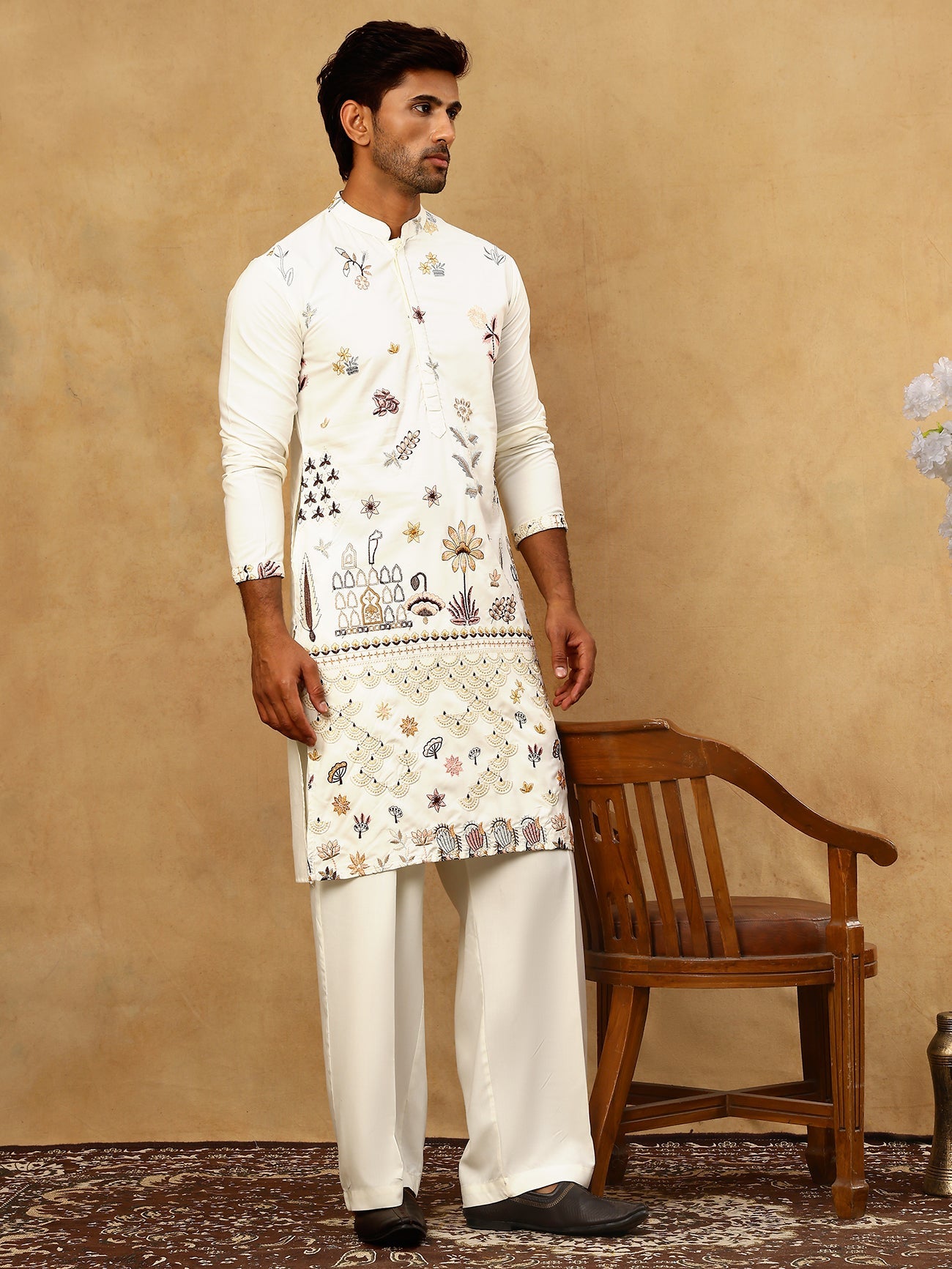 Silk Blend Floral Embroidered Kurta Pyjama Set ( JOKP PJ11W 5140White )