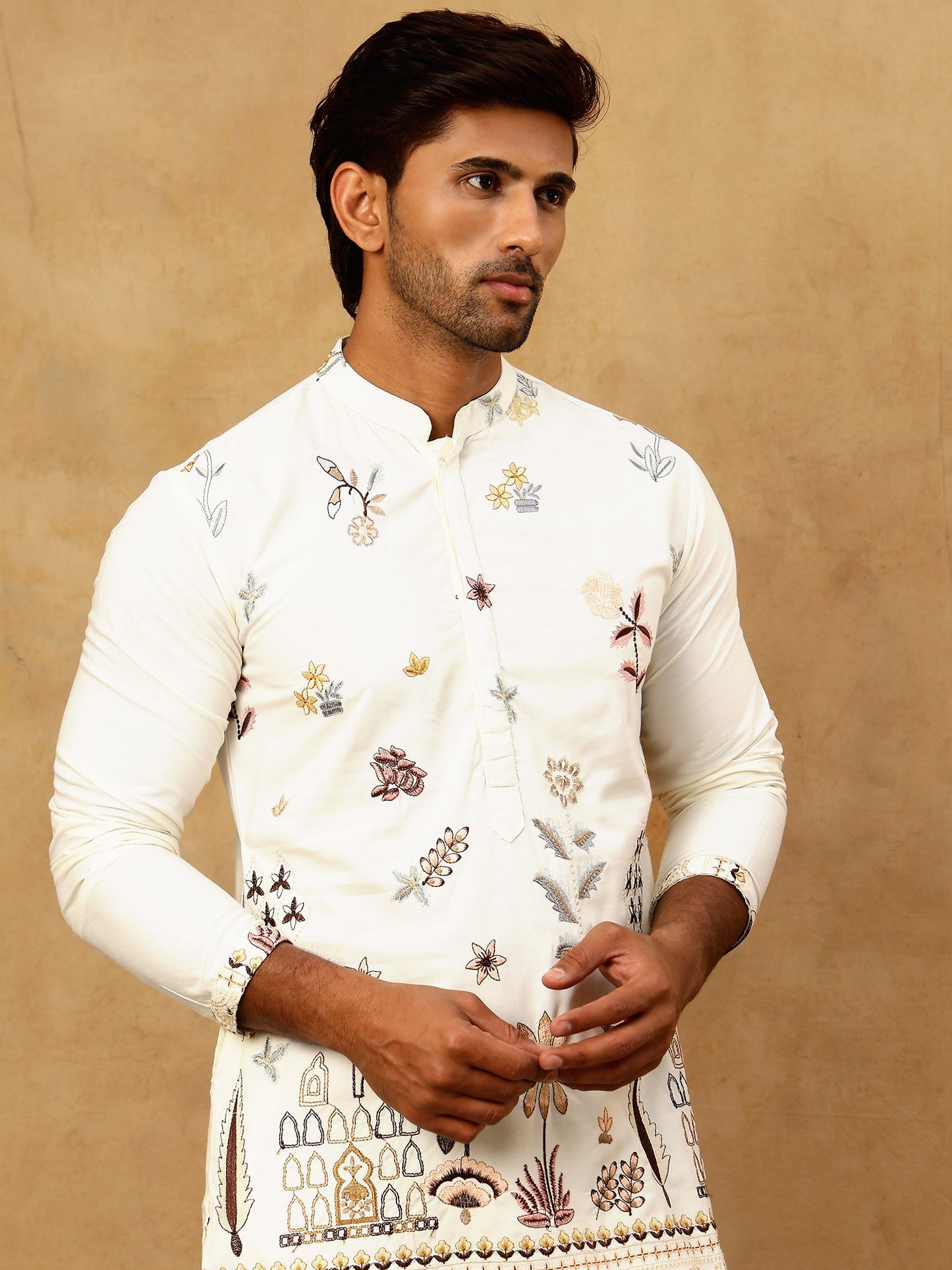 Silk Blend Floral Embroidered Kurta Pyjama Set ( JOKP PJ11W 5140White )