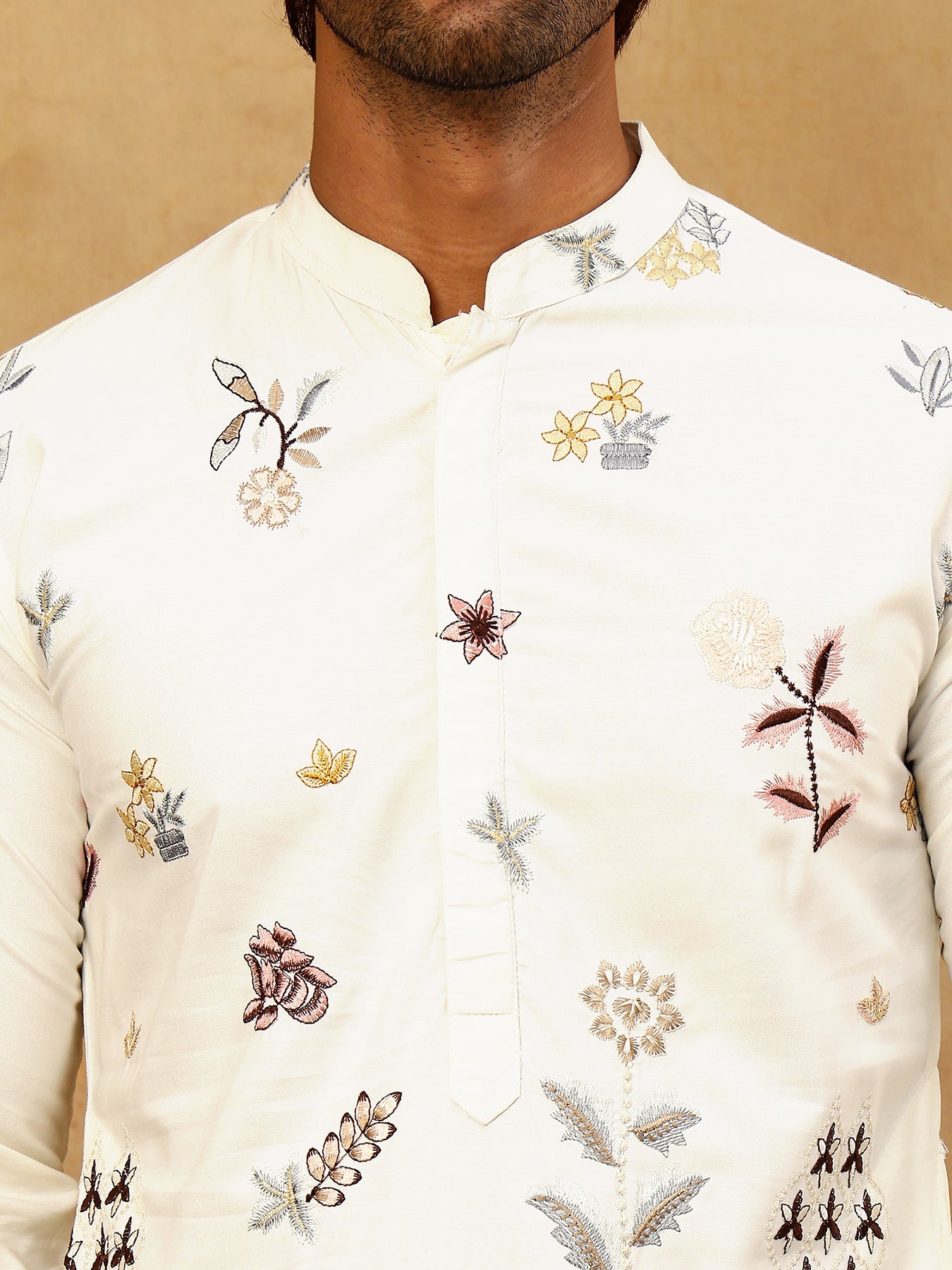 Silk Blend Floral Embroidered Kurta Pyjama Set ( JOKP PJ11W 5140White )