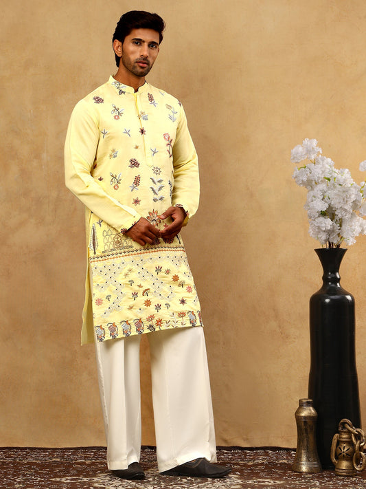 Silk Blend Floral Embroidered Kurta Pyjama Set ( JOKP PJ11W 5140Yellow )