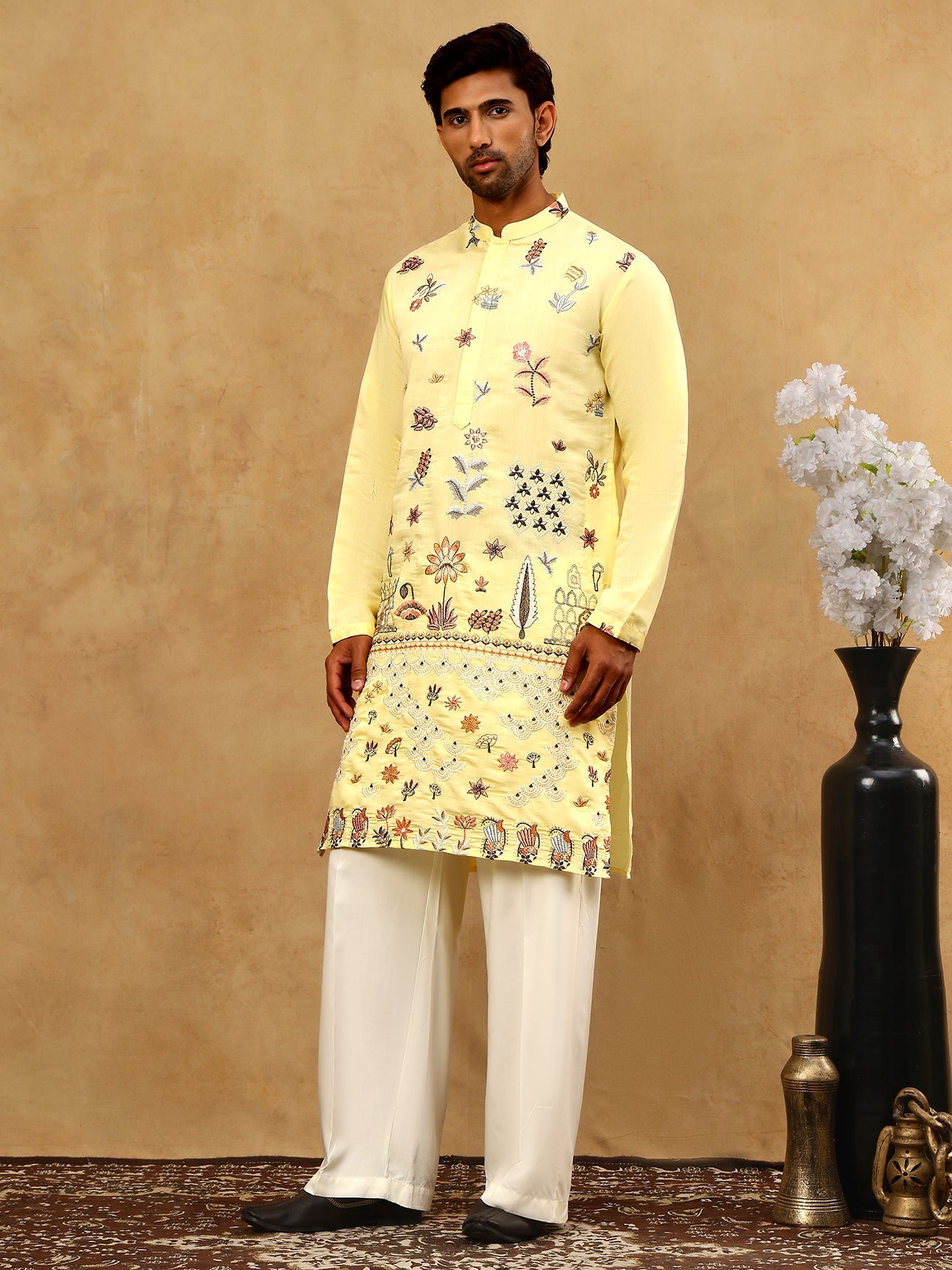 Silk Blend Floral Embroidered Kurta Pyjama Set ( JOKP PJ11W 5140Yellow )