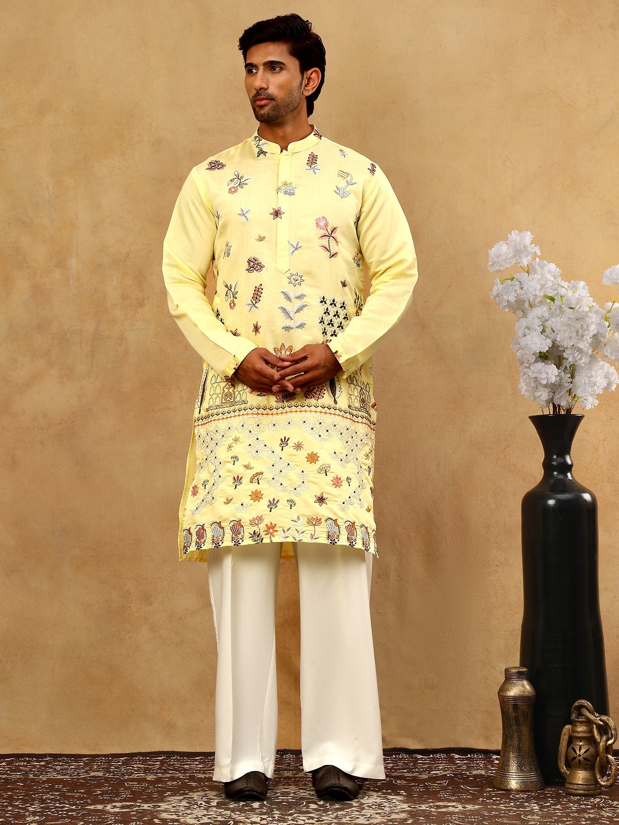 Silk Blend Floral Embroidered Kurta Pyjama Set ( JOKP PJ11W 5140Yellow )