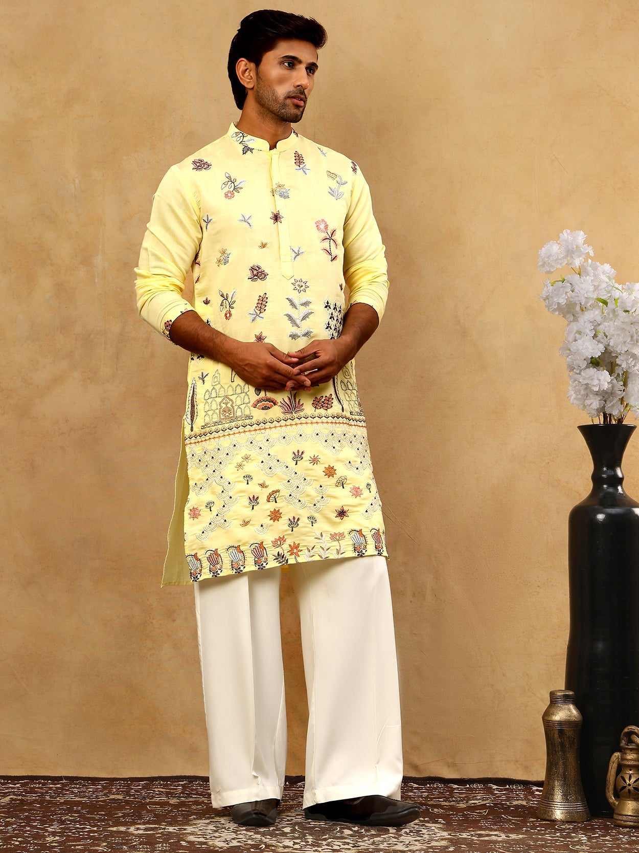 Silk Blend Floral Embroidered Kurta Pyjama Set ( JOKP PJ11W 5140Yellow )