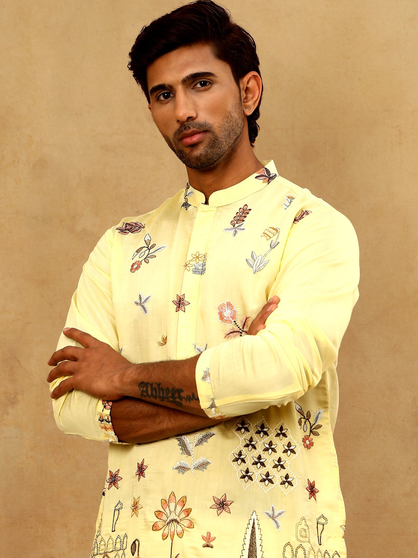 Silk Blend Floral Embroidered Kurta Pyjama Set ( JOKP PJ11W 5140Yellow )