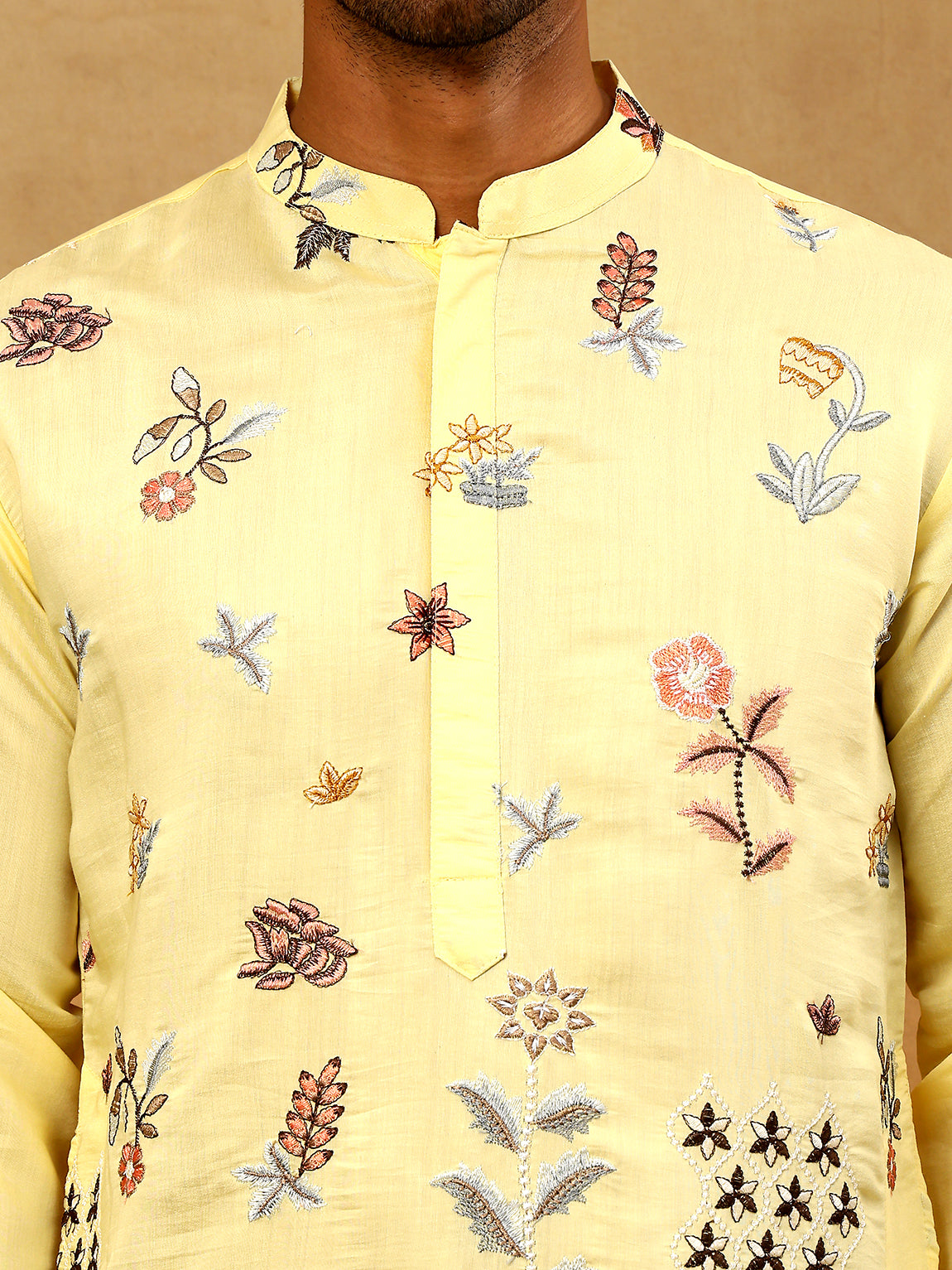 Silk Blend Floral Embroidered Kurta Pyjama Set ( JOKP PJ11W 5140Yellow )