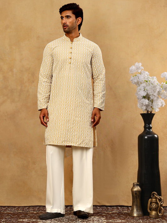 Men’s Chikankari Cotton Kurta Pyjama Set ( JOKP PJ11W 626Beige )