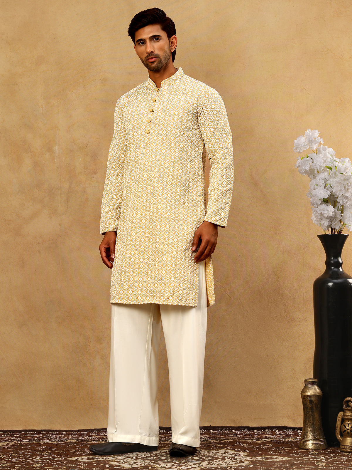 Men’s Chikankari Cotton Kurta Pyjama Set ( JOKP PJ11W 626Beige )