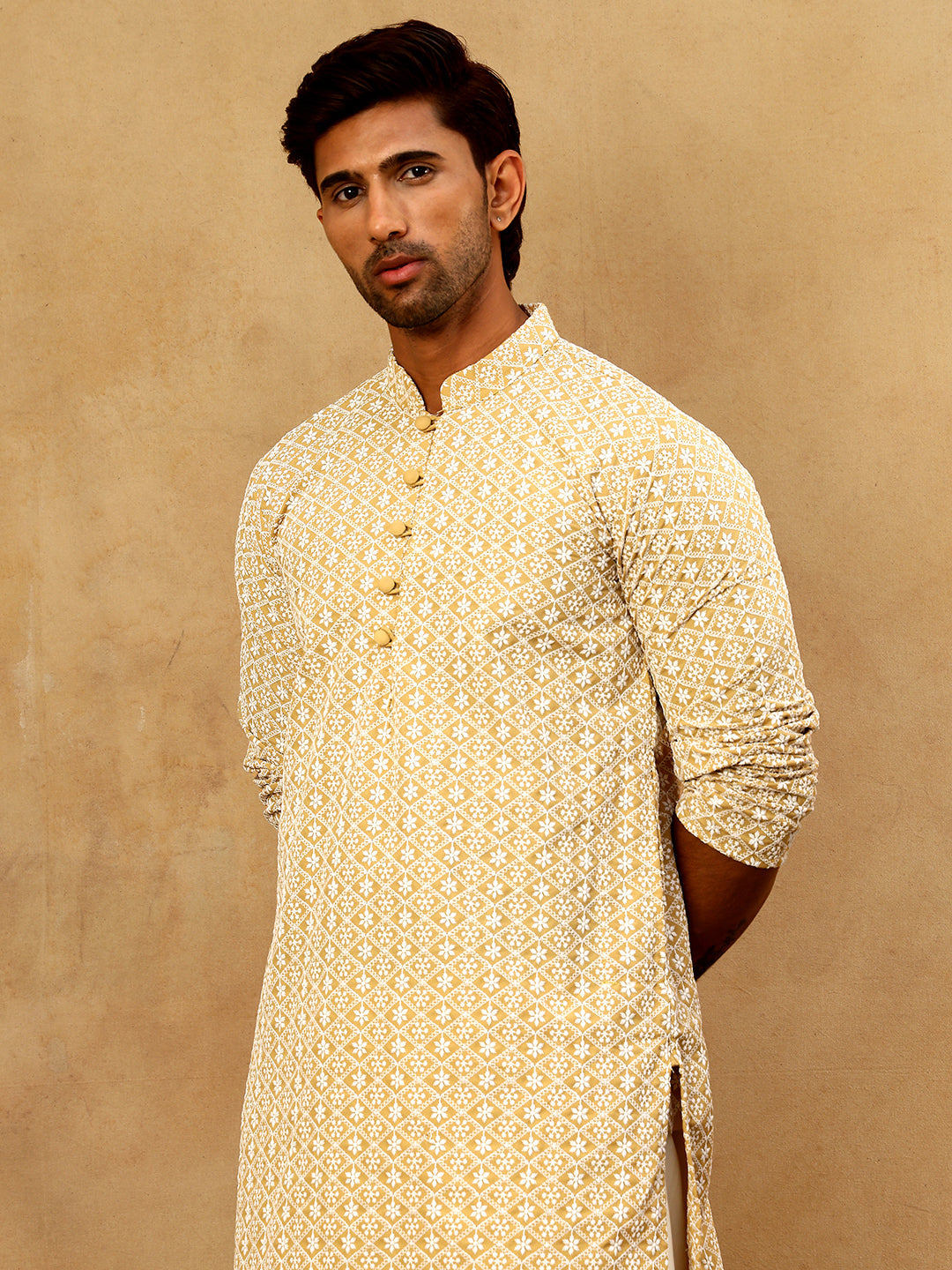 Men’s Chikankari Cotton Kurta Pyjama Set ( JOKP PJ11W 626Beige )