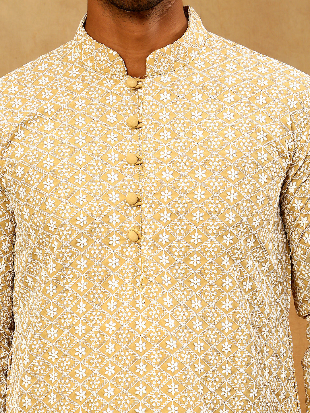 Men’s Chikankari Cotton Kurta Pyjama Set ( JOKP PJ11W 626Beige )
