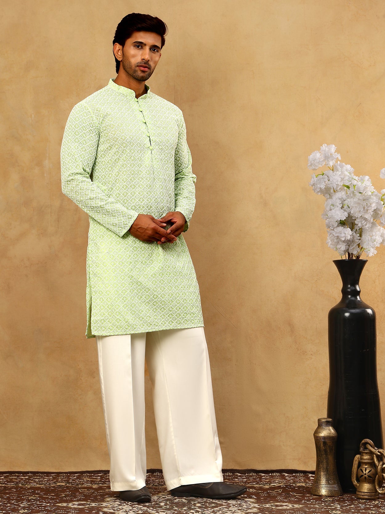 Men’s Chikankari Cotton Kurta Pyjama Set ( JOKP PJ11W 626Green )