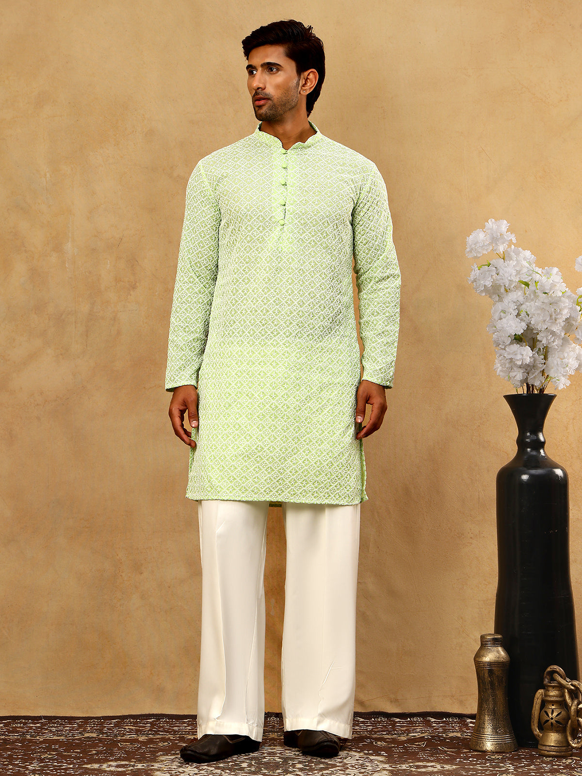 Men’s Chikankari Cotton Kurta Pyjama Set ( JOKP PJ11W 626Green )