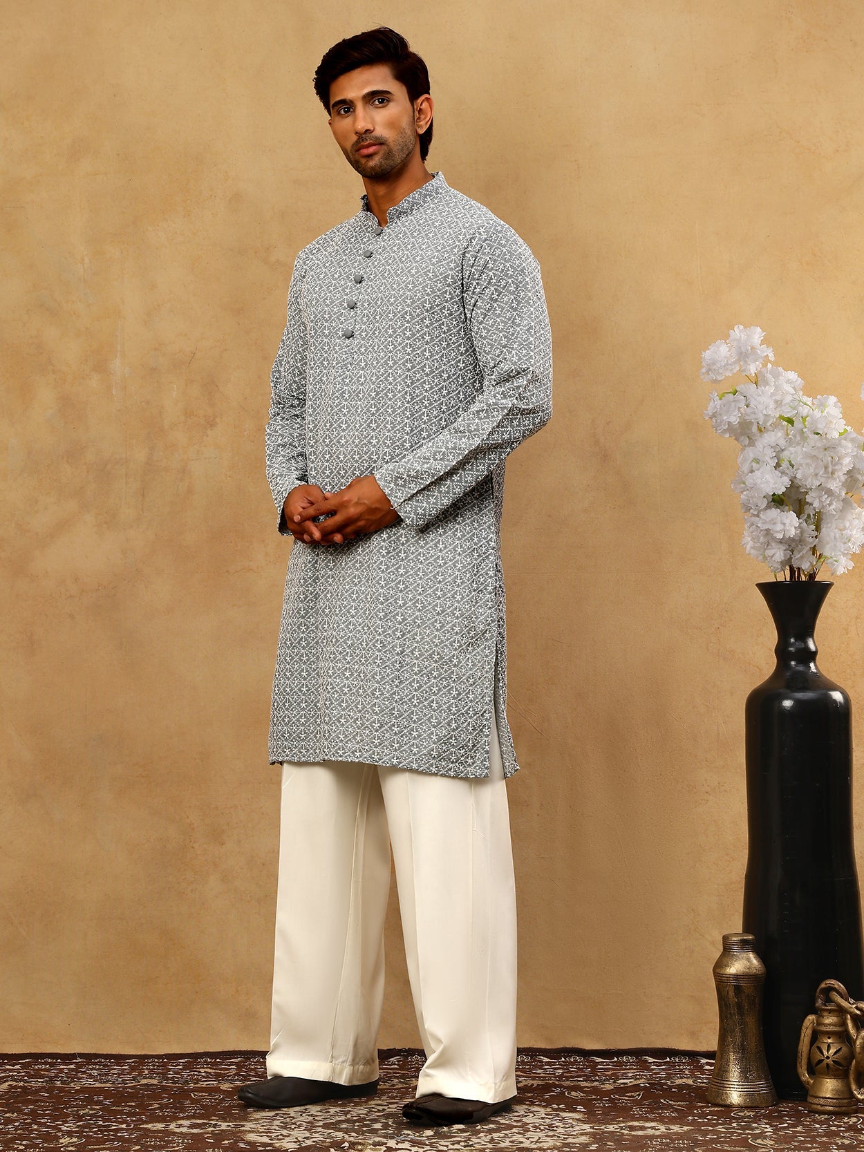 Men’s Chikankari Cotton Kurta Pyjama Set ( JOKP PJ11W 626Grey )