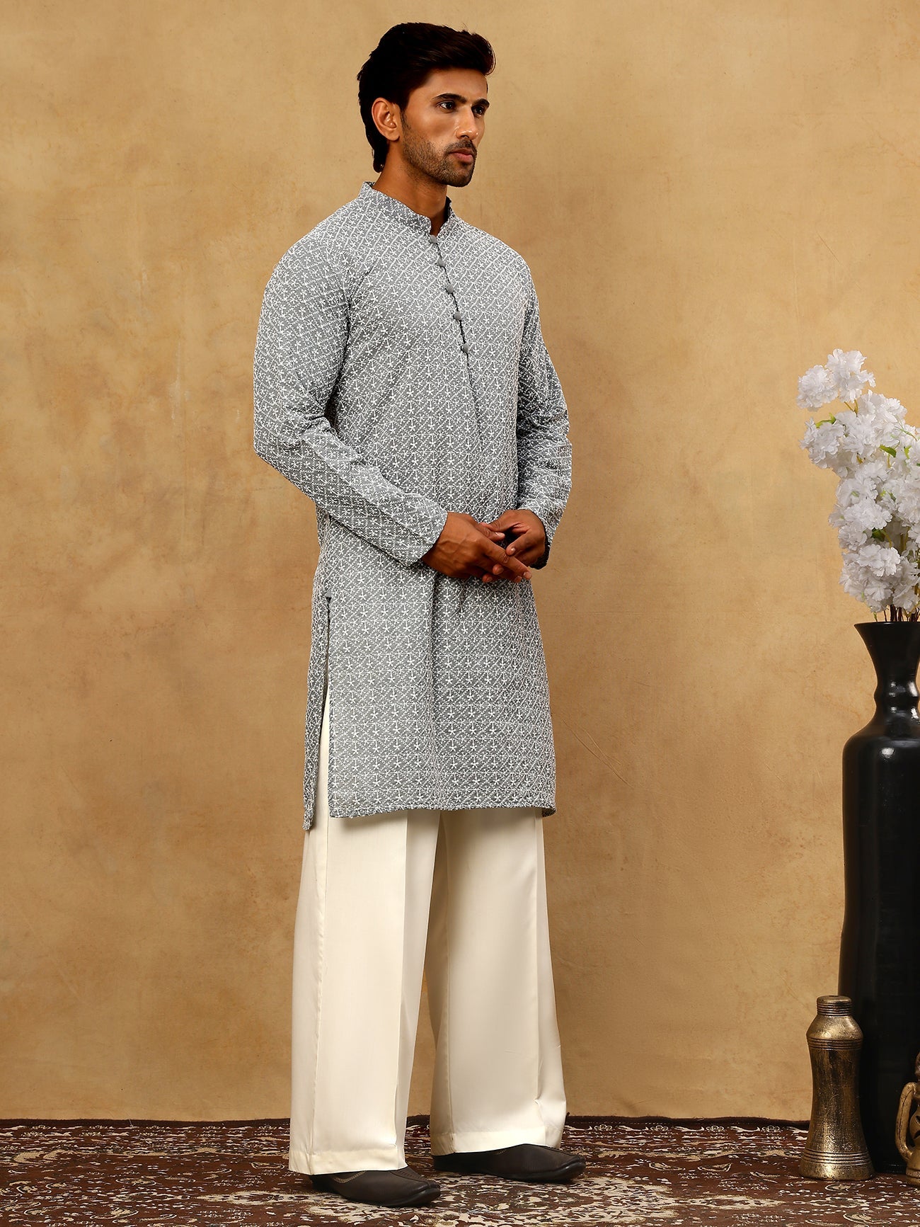 Men’s Chikankari Cotton Kurta Pyjama Set ( JOKP PJ11W 626Grey )