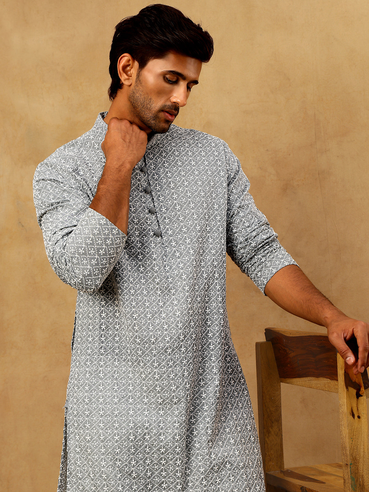 Men’s Chikankari Cotton Kurta Pyjama Set ( JOKP PJ11W 626Grey )