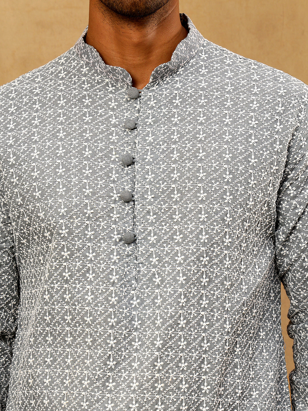 Men’s Chikankari Cotton Kurta Pyjama Set ( JOKP PJ11W 626Grey )