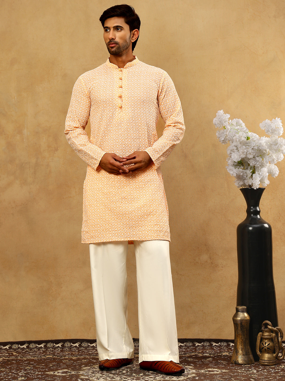 Men’s Chikankari Cotton Kurta Pyjama Set ( JOKP PJ11W 626Orange )