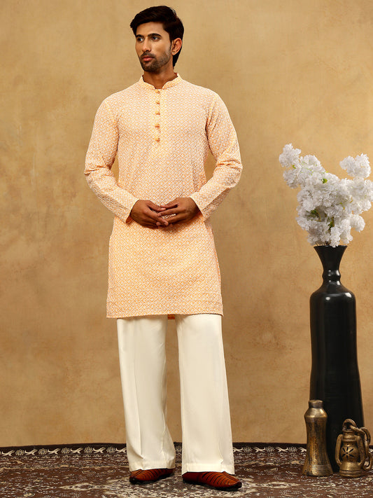 Men’s Chikankari Cotton Kurta Pyjama Set ( JOKP PJ11W 626Orange )