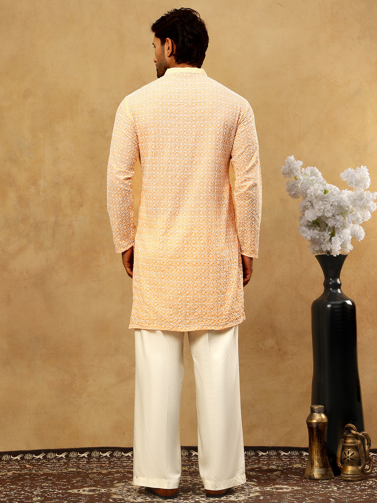 Men’s Chikankari Cotton Kurta Pyjama Set ( JOKP PJ11W 626Orange )
