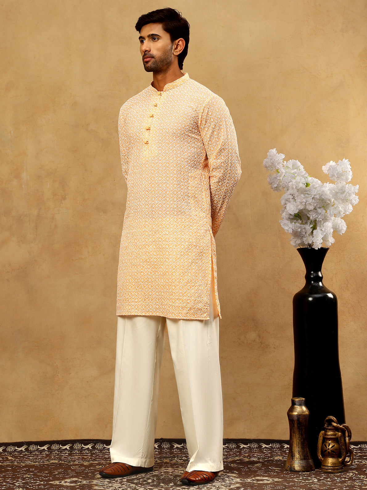 Men’s Chikankari Cotton Kurta Pyjama Set ( JOKP PJ11W 626Orange )