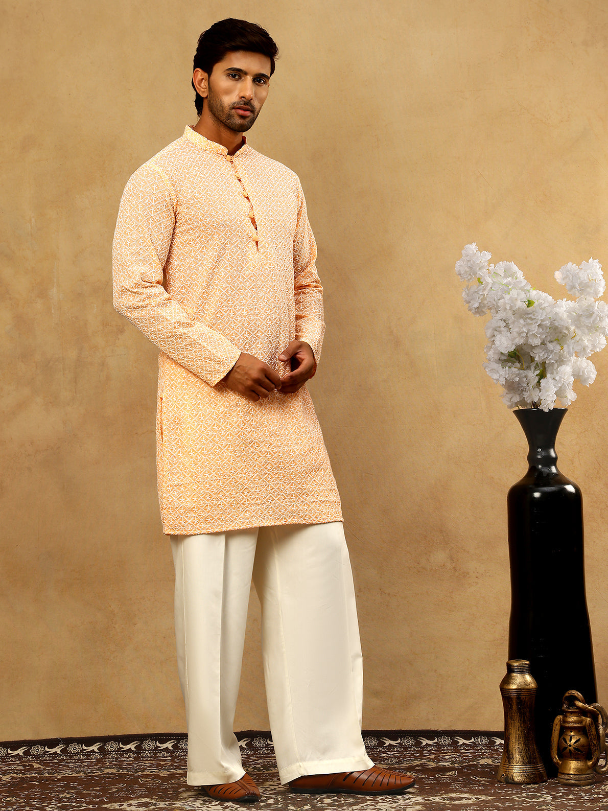 Men’s Chikankari Cotton Kurta Pyjama Set ( JOKP PJ11W 626Orange )