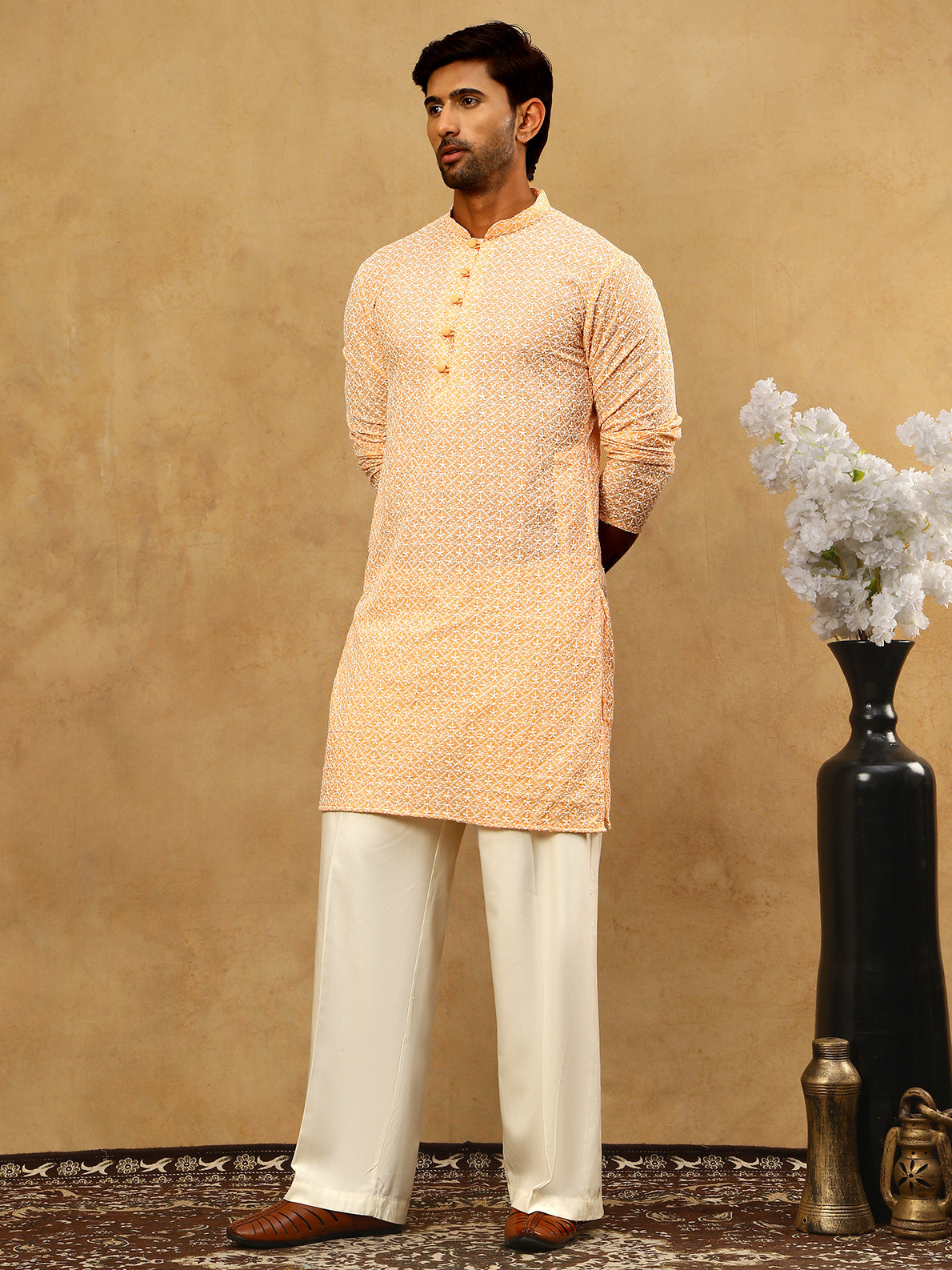Men’s Chikankari Cotton Kurta Pyjama Set ( JOKP PJ11W 626Orange )