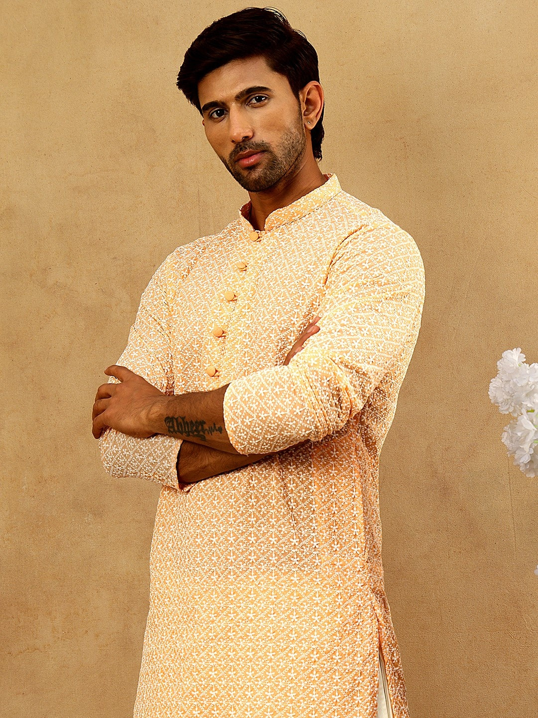 Men’s Chikankari Cotton Kurta Pyjama Set ( JOKP PJ11W 626Orange )
