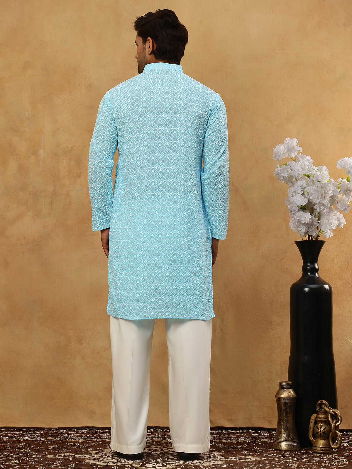 Men’s Chikankari Cotton Kurta Pyjama Set ( JOKP PJ11W 626Sky )