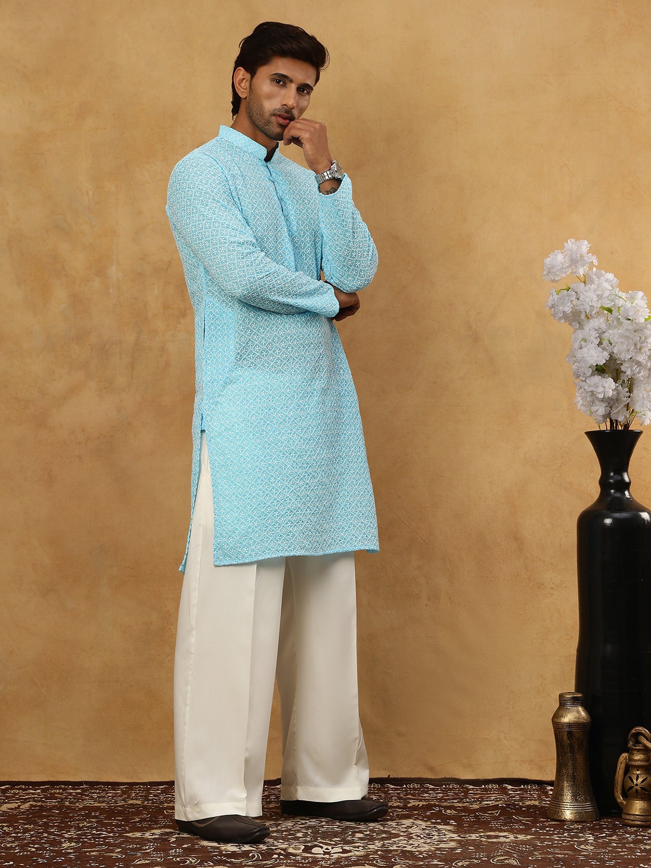 Men’s Chikankari Cotton Kurta Pyjama Set ( JOKP PJ11W 626Sky )