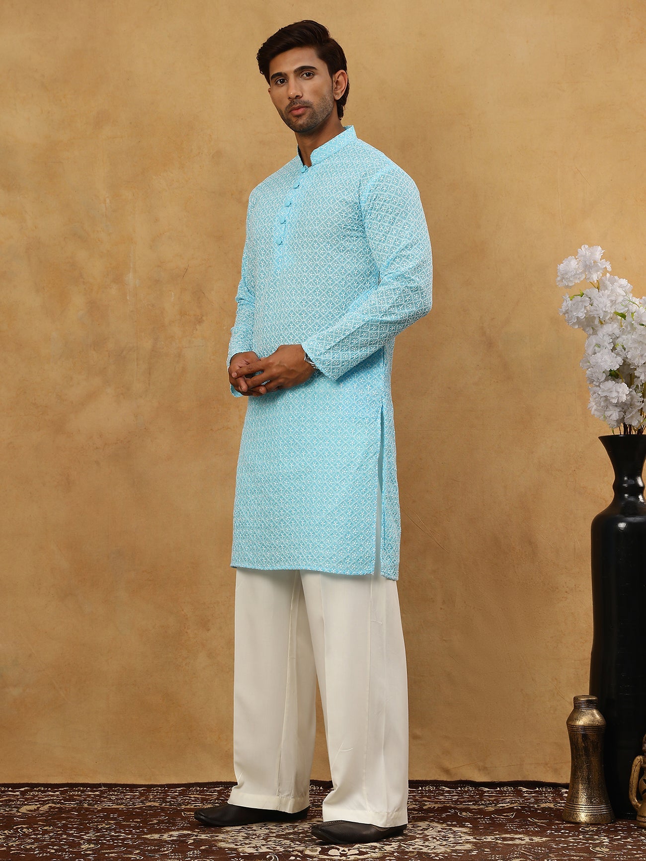 Men’s Chikankari Cotton Kurta Pyjama Set ( JOKP PJ11W 626Sky )