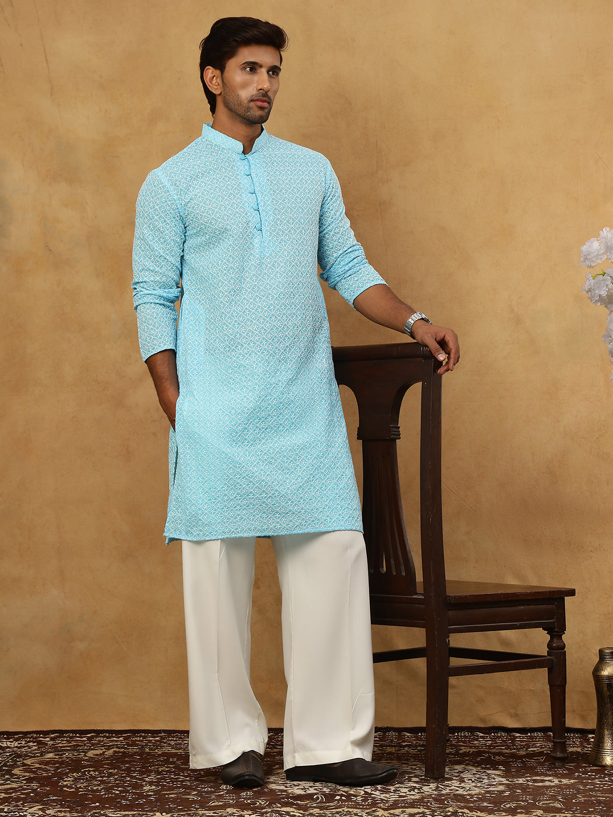 Men’s Chikankari Cotton Kurta Pyjama Set ( JOKP PJ11W 626Sky )