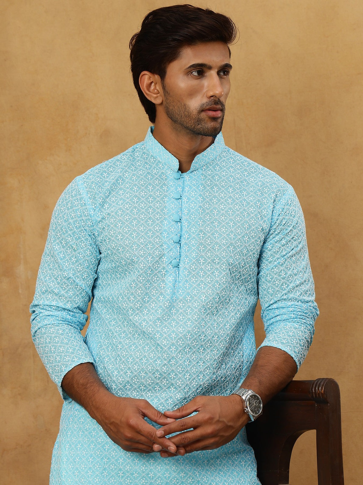 Men’s Chikankari Cotton Kurta Pyjama Set ( JOKP PJ11W 626Sky )
