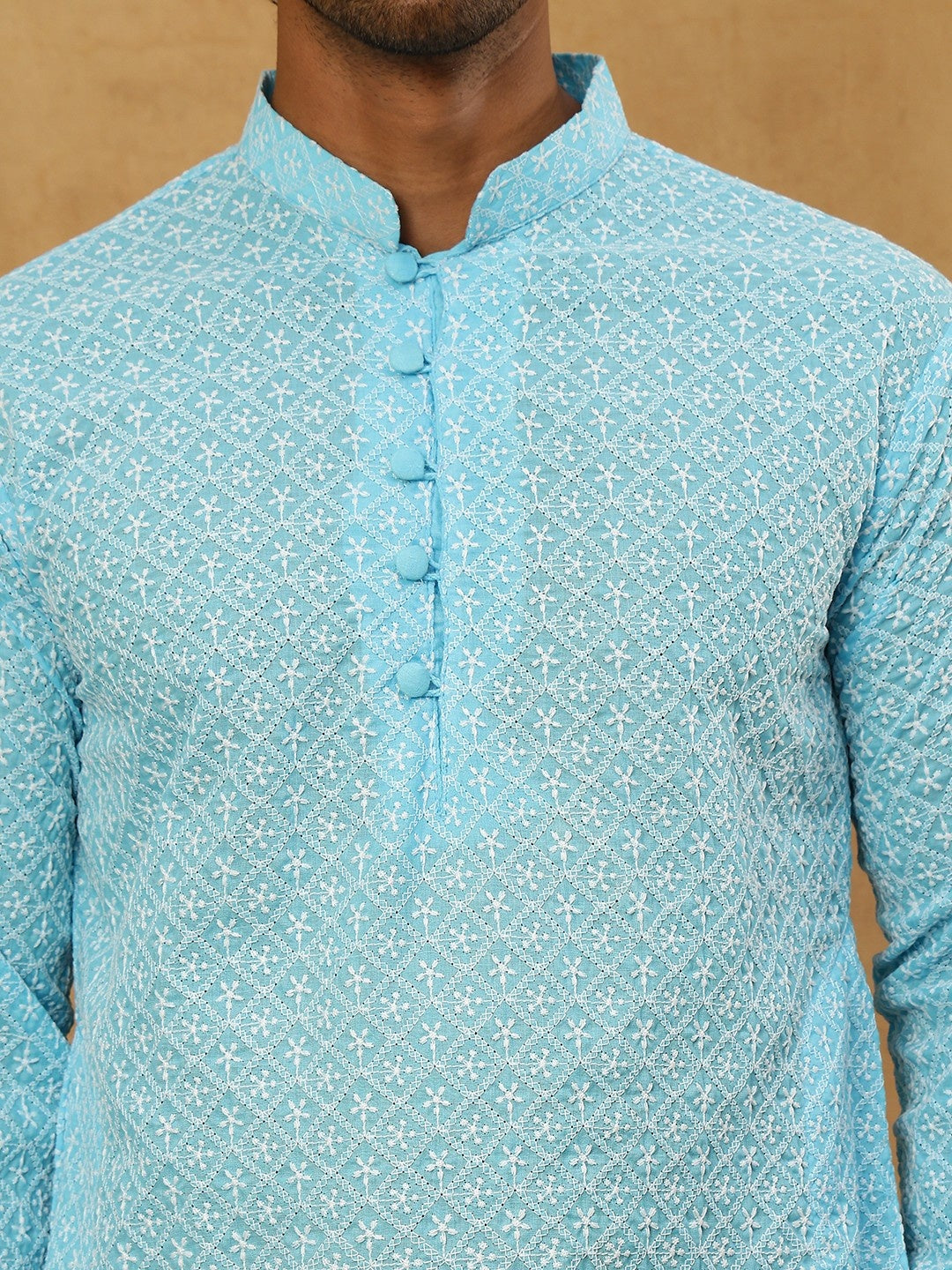 Men’s Chikankari Cotton Kurta Pyjama Set ( JOKP PJ11W 626Sky )