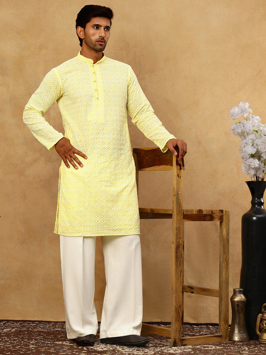 Men’s Chikankari Cotton Kurta Pyjama Set ( JOKP PJ11W 626Yellow )