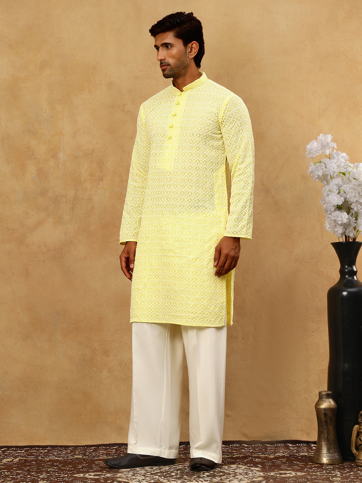 Men’s Chikankari Cotton Kurta Pyjama Set ( JOKP PJ11W 626Yellow )