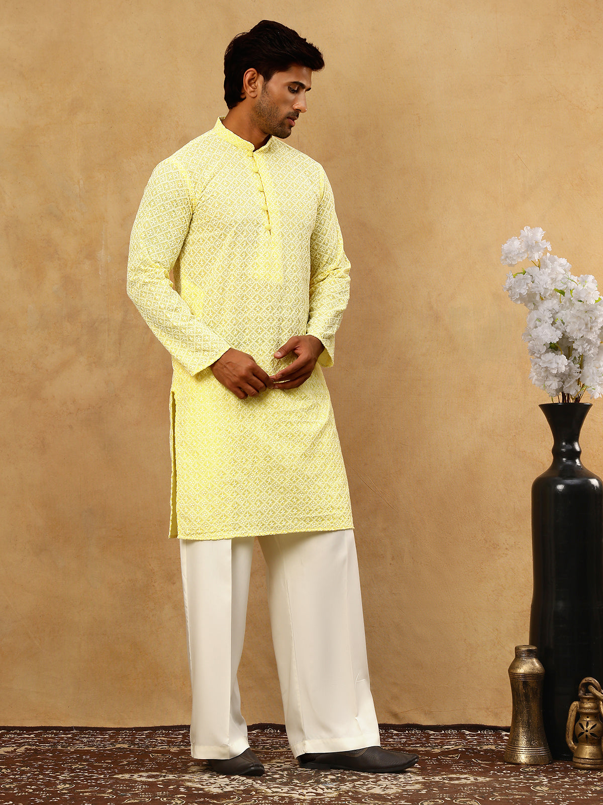 Men’s Chikankari Cotton Kurta Pyjama Set ( JOKP PJ11W 626Yellow )