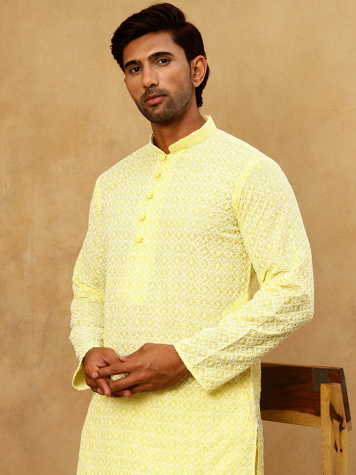 Men’s Chikankari Cotton Kurta Pyjama Set ( JOKP PJ11W 626Yellow )