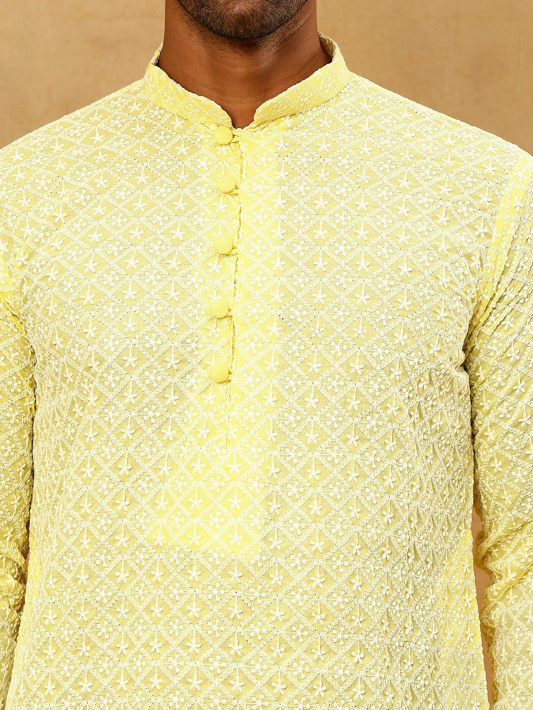 Men’s Chikankari Cotton Kurta Pyjama Set ( JOKP PJ11W 626Yellow )