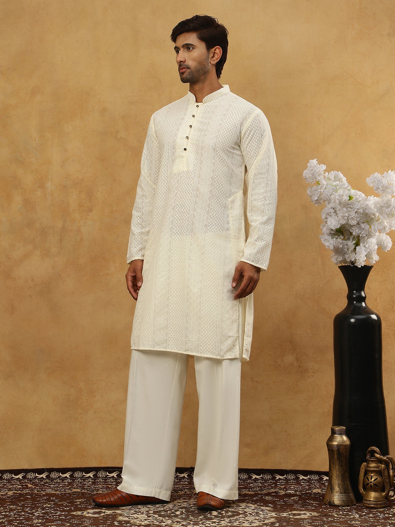Chikankari Embroidered Kurta Pyjama Set ( JOKP PJ11W 640Cream )