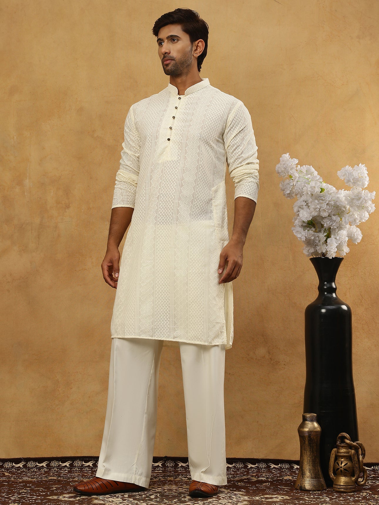 Chikankari Embroidered Kurta Pyjama Set ( JOKP PJ11W 640Cream )
