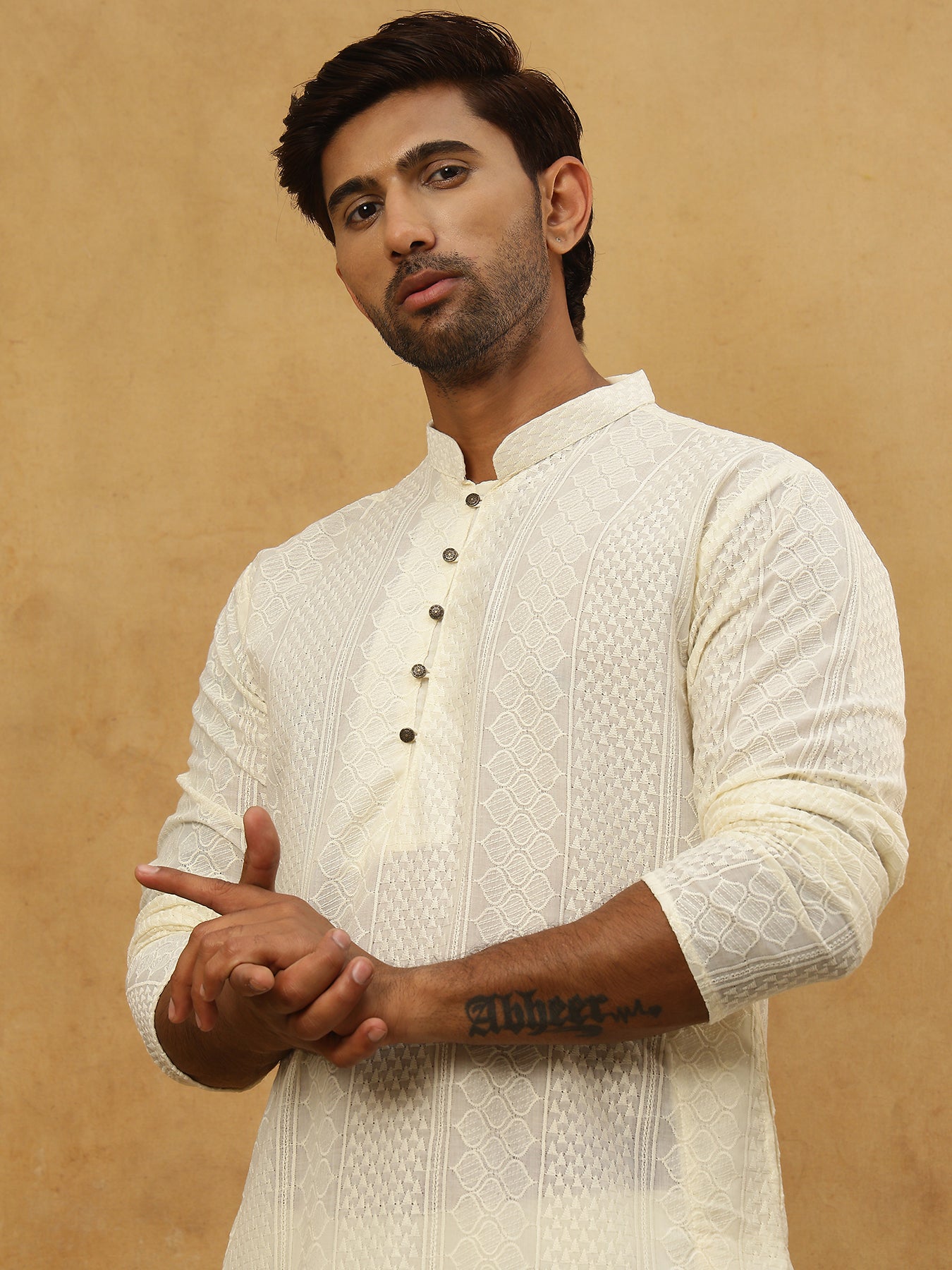 Chikankari Embroidered Kurta Pyjama Set ( JOKP PJ11W 640Cream )