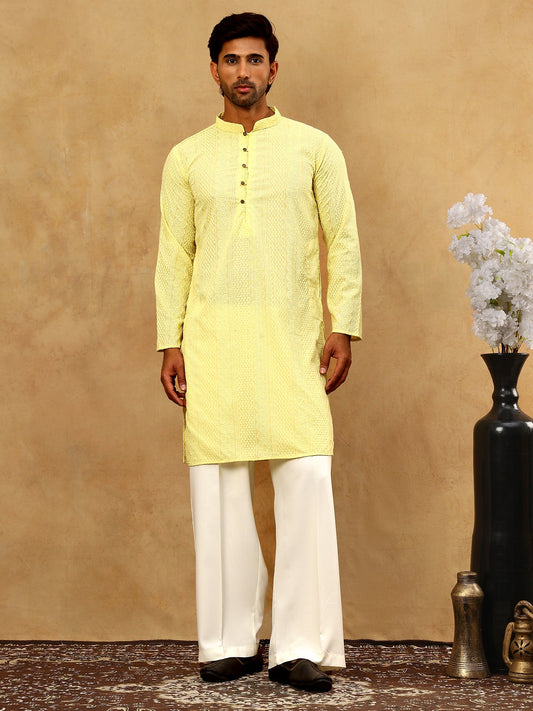 Chikankari Embroidered Kurta Pyjama Set ( JOKP PJ11W 640Lemon )