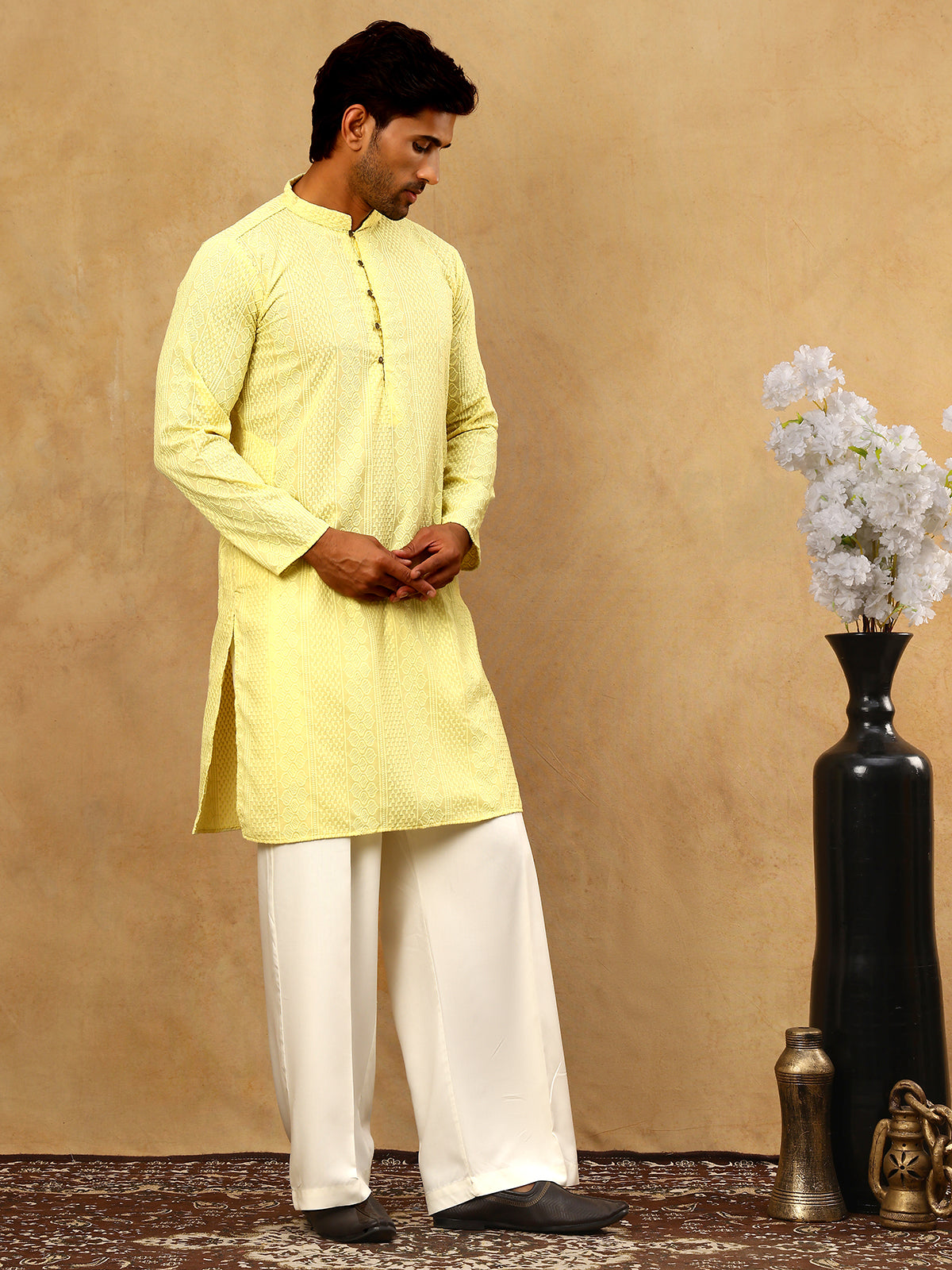 Chikankari Embroidered Kurta Pyjama Set ( JOKP PJ11W 640Lemon )