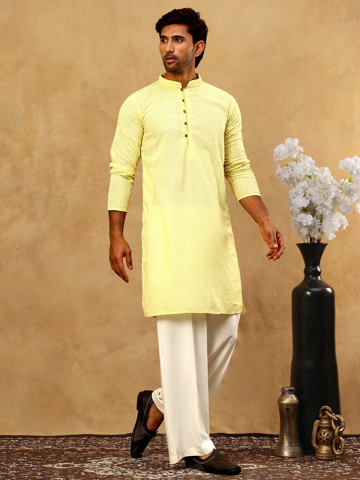 Chikankari Embroidered Kurta Pyjama Set ( JOKP PJ11W 640Lemon )