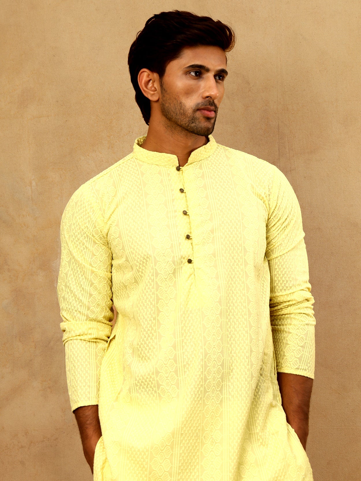 Chikankari Embroidered Kurta Pyjama Set ( JOKP PJ11W 640Lemon )