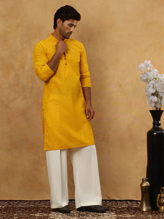 Chikankari Embroidered Kurta Pyjama Set ( JOKP PJ11W 640Mustard )