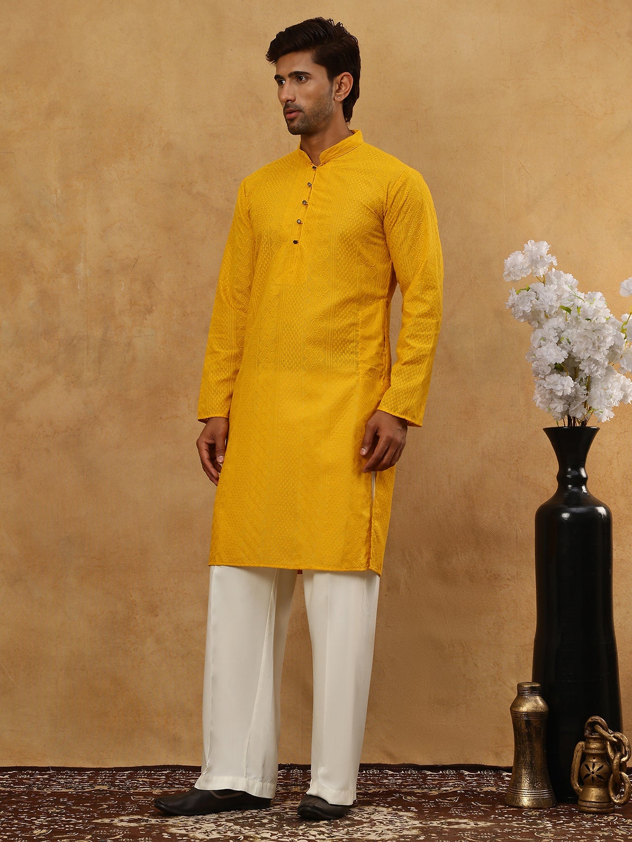 Chikankari Embroidered Kurta Pyjama Set ( JOKP PJ11W 640Mustard )