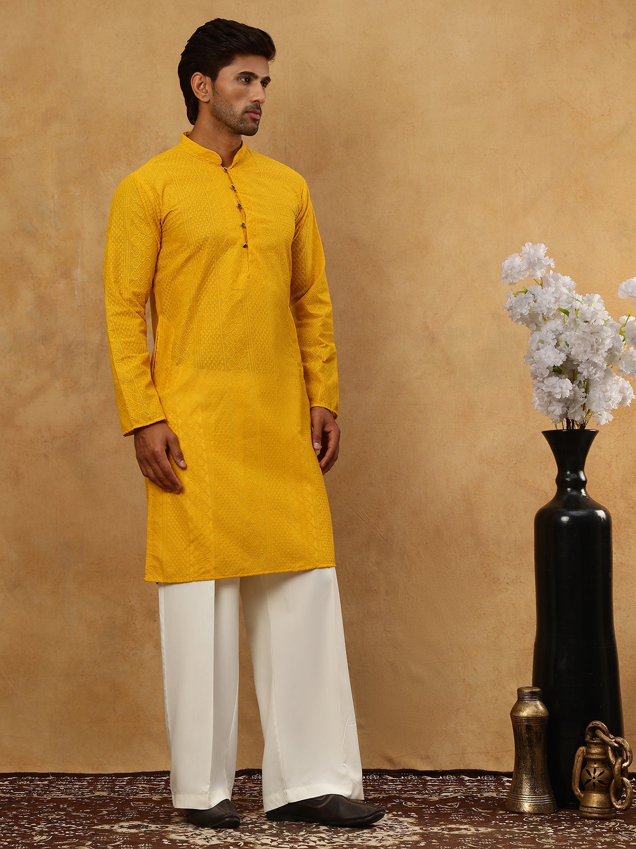 Chikankari Embroidered Kurta Pyjama Set ( JOKP PJ11W 640Mustard )