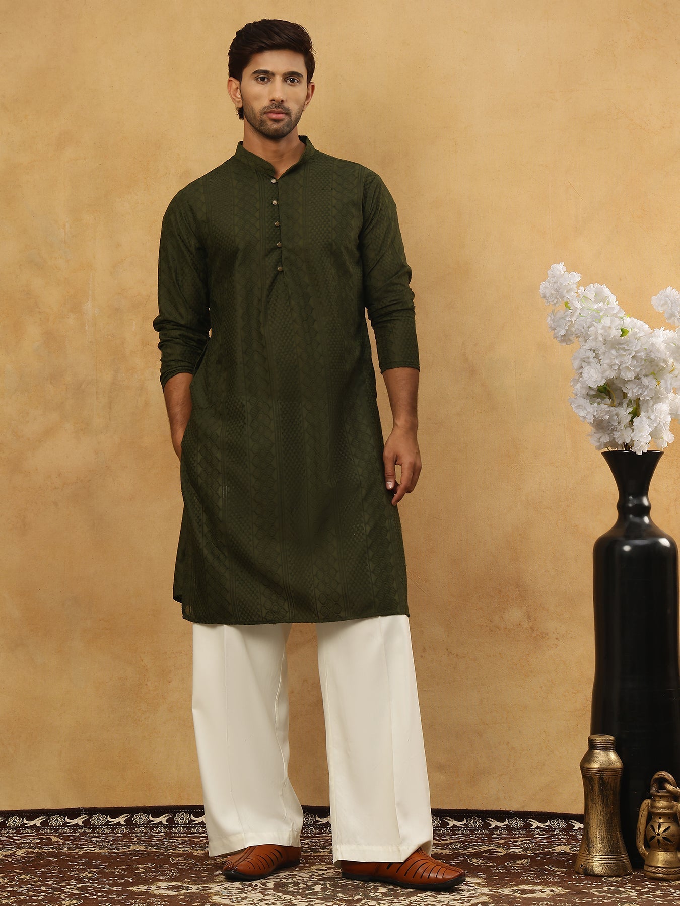 Chikankari Embroidered Kurta Pyjama Set ( JOKP PJ11W 640Olive )