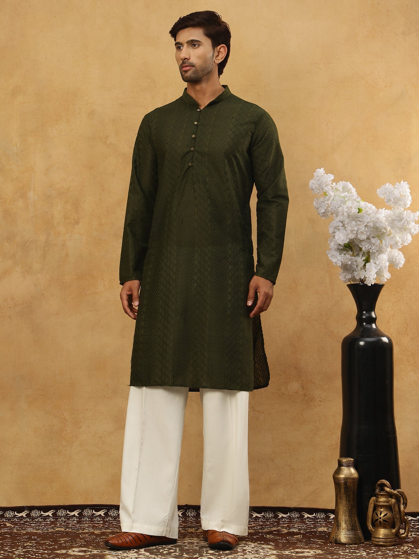 Chikankari Embroidered Kurta Pyjama Set ( JOKP PJ11W 640Olive )