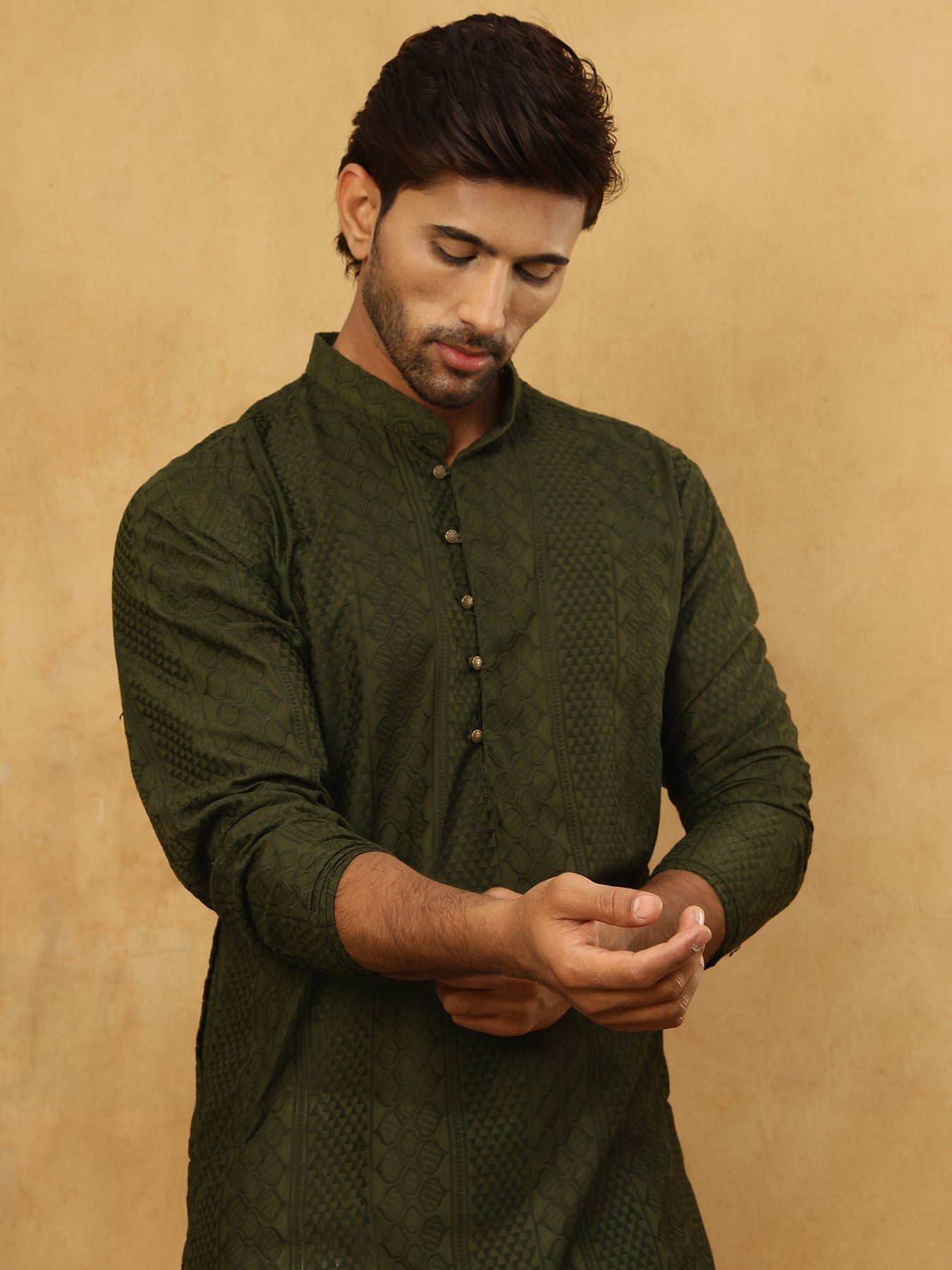Chikankari Embroidered Kurta Pyjama Set ( JOKP PJ11W 640Olive )